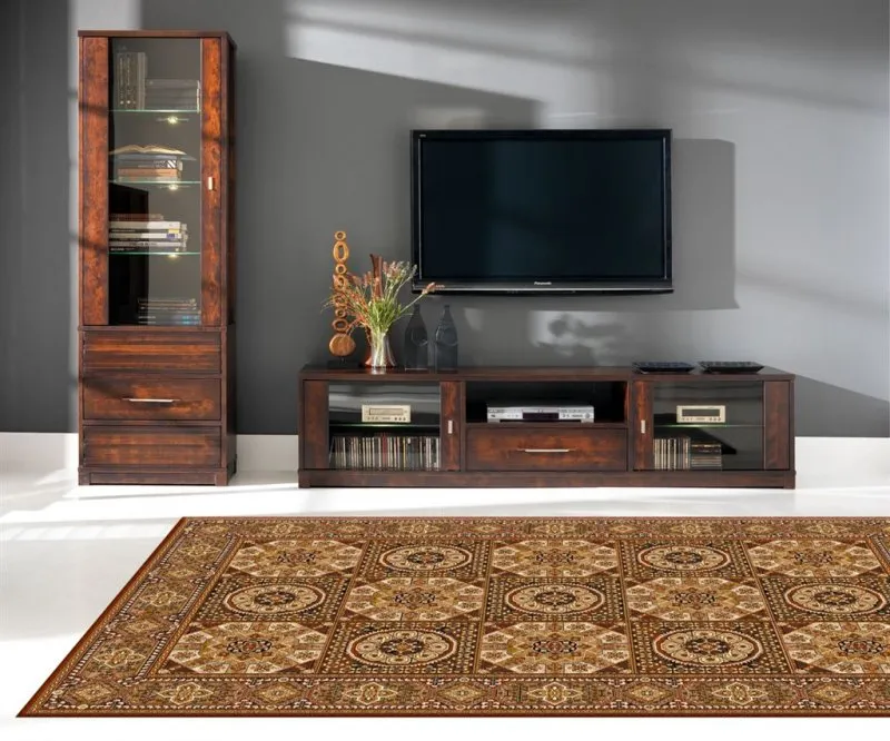 Wnętrze z brązowymi meblami i r&oacute;żnymi dywanami