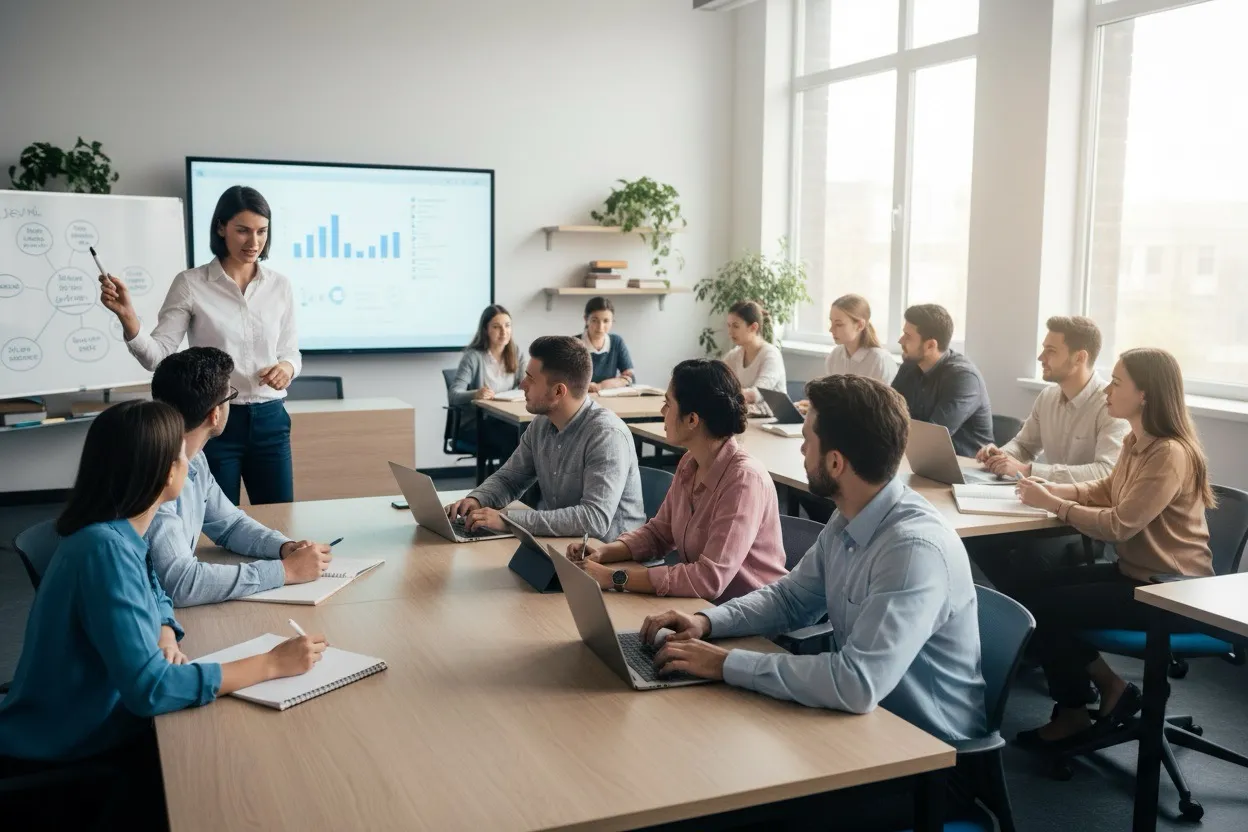 Szkolenie w sali konferencyjnej, gdzie prowadząca wyjaśnia co to jest nauczanie hybrydowe. Uczestnicy słuchają, notują i pracują na laptopach.