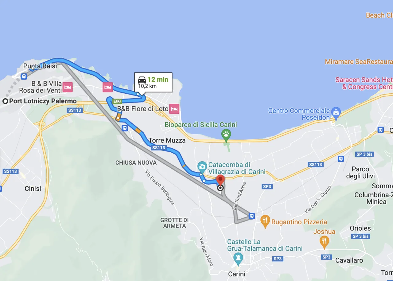 Trasa z lotniska Palermo na Sycylii do Catacomba di Villagrazia di Carini.