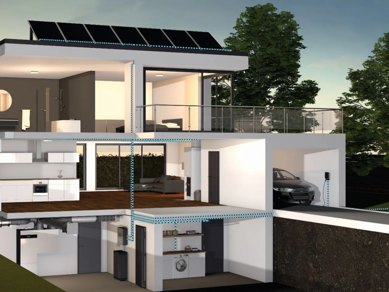 Schemat domu 180m2 z pompą ciepła i grzejnikami. Widok przekroju pokazuje instalacje, panele słoneczne, pralkę, samochód elektryczny.