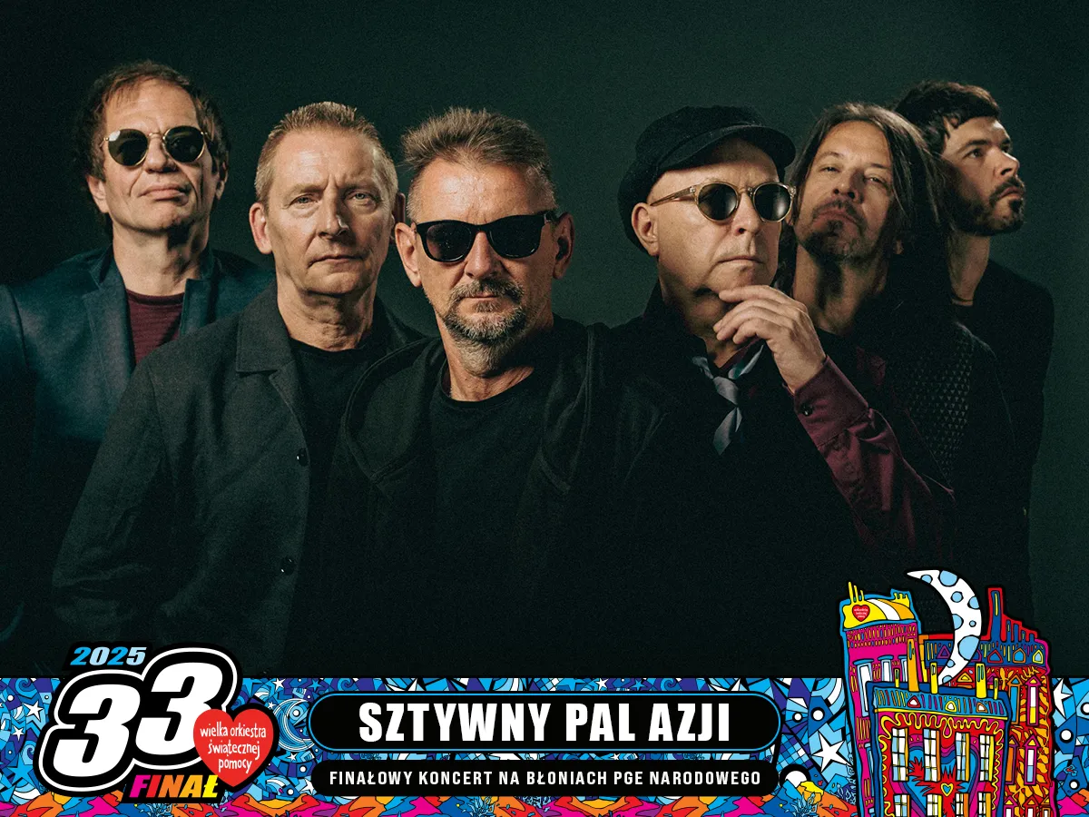 Sześciu mężczyzn w okularach przeciwsłonecznych, jeden z nich śpiewa: 