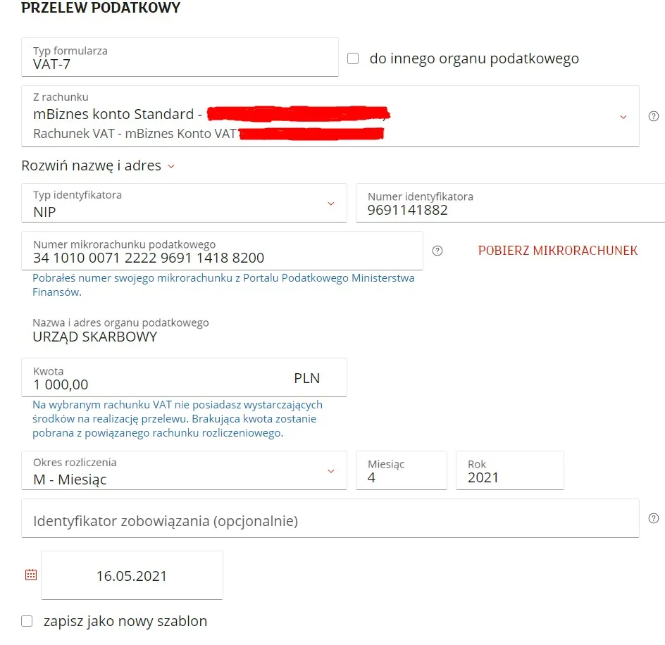 Przykład wypełnionego formularza przelewu bankowego za podatek od nieruchomości
