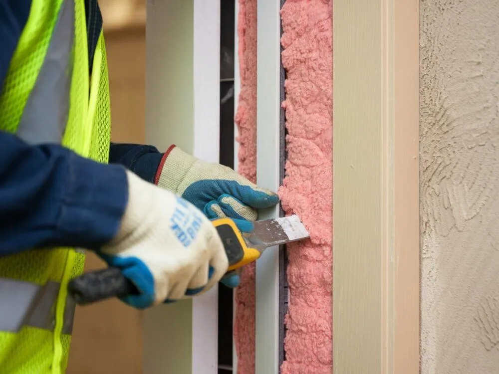 Przygotowanie ościeżnicy do obróbki, cięcie pianki montażowej, gruntowanie ściany