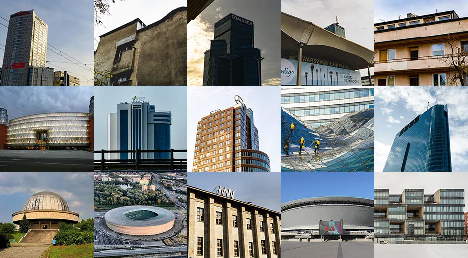 r&oacute;żne typy budynk&oacute;w w Polsce (mieszkalne, biurowe, przemysłowe)