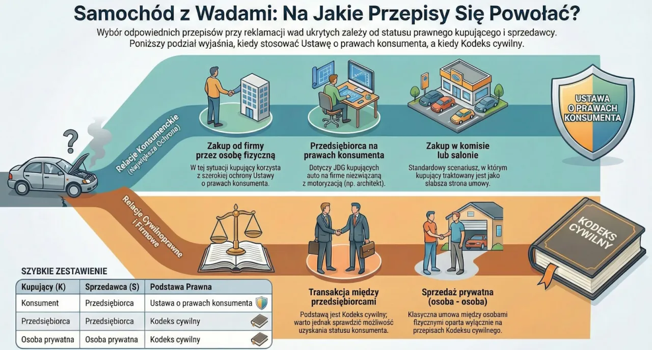 Schemat pokazuje, jakie przepisy stosuje się przy zwrocie samochodu po zakupie, w zależności od stron transakcji: konsumenta, przedsiębiorcy czy osoby prywatnej.