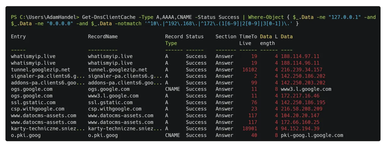 Wynik polecenia Get-DnsClientCache pokazujący, jak sprawdzić IP domeny. Widoczne są nazwy domen i przypisane im adresy IP.