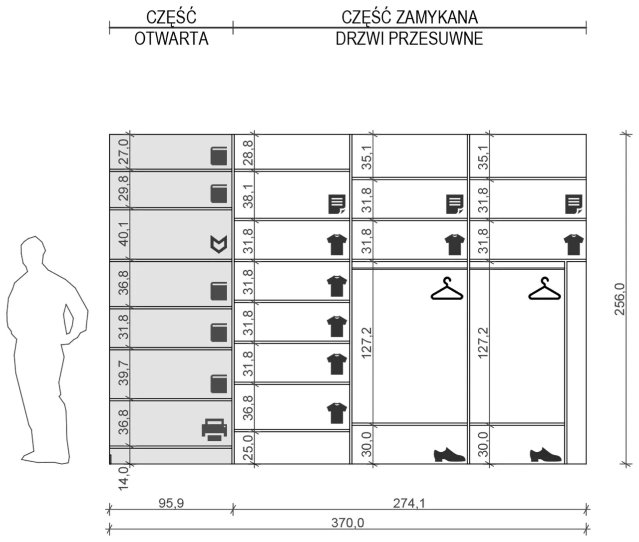 Szkic szafki z wymiarami, projekt mebla DIY