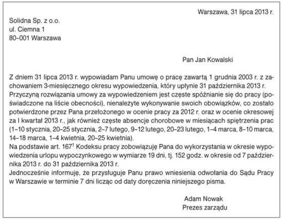 uzasadniona przyczyna wypowiedzenia umowy o pracę