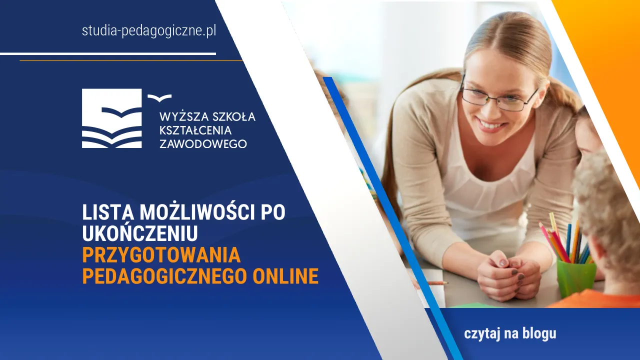 Uśmiechnięta nauczycielka z okularami i kolorowe kredki. Dowiedz się, jak zostać nauczycielem bez studiów pedagogicznych, kończąc przygotowanie online.