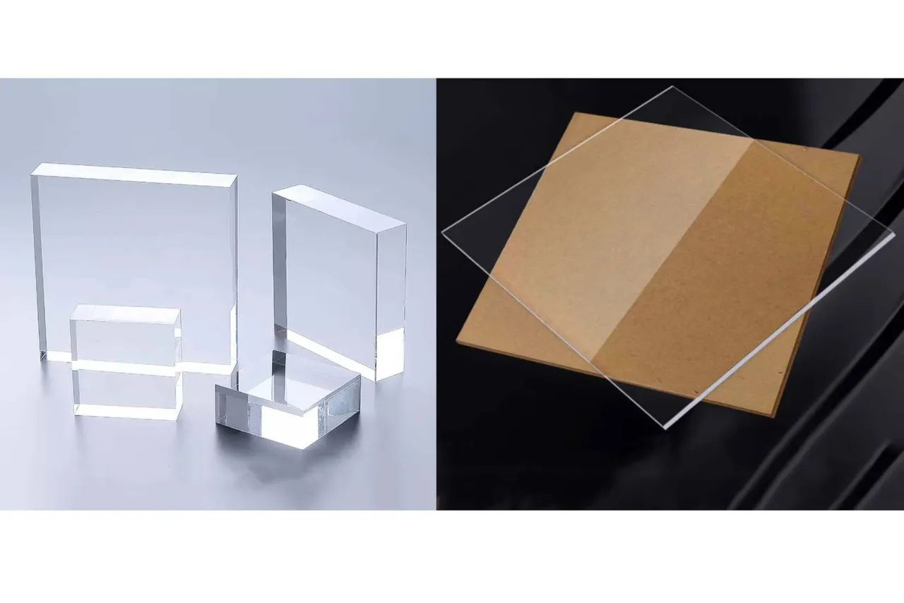 Przezroczyste bloki i płyty z akrylu na zewnątrz, idealne do zastosowań budowlanych i dekoracyjnych.