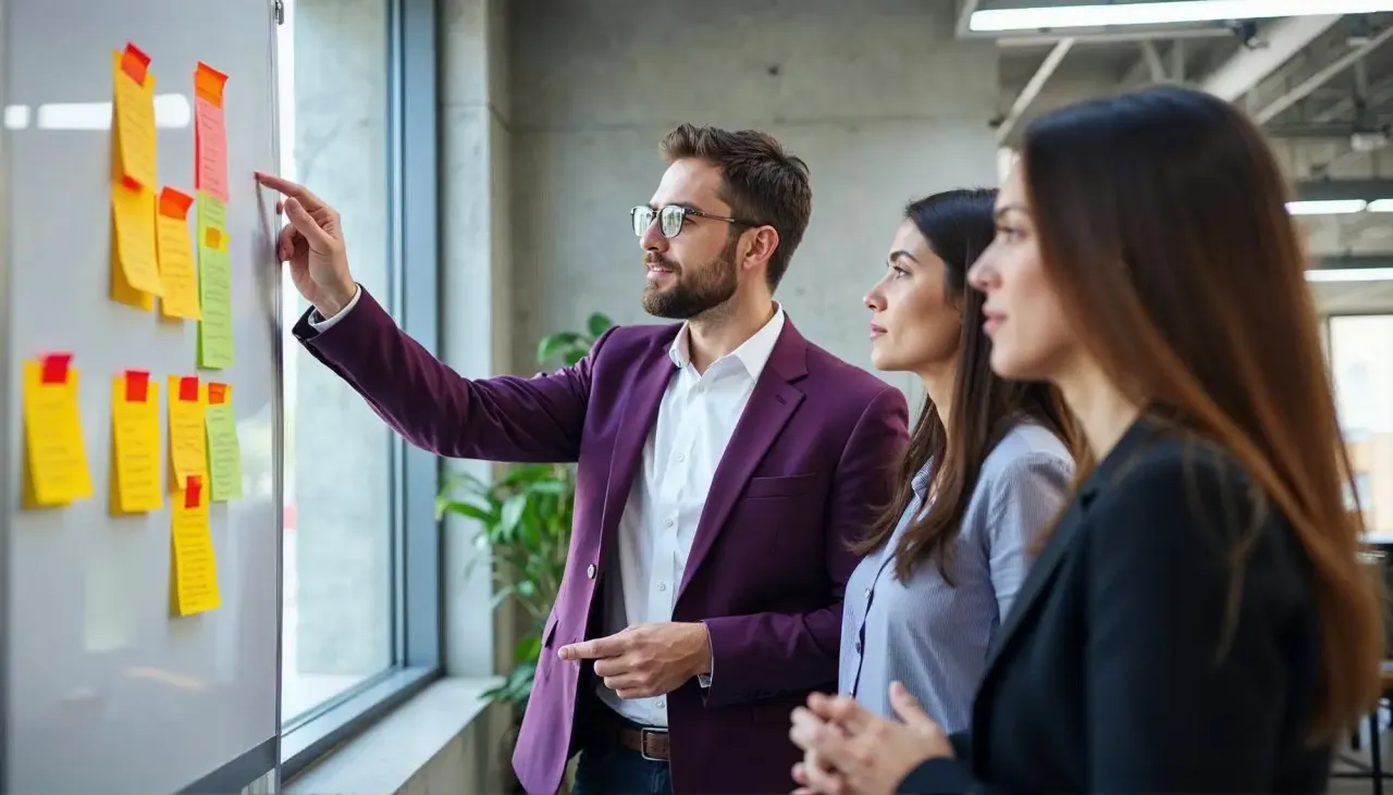Zespół analizuje zadania na tablicy, planując audyt strony internetowej.