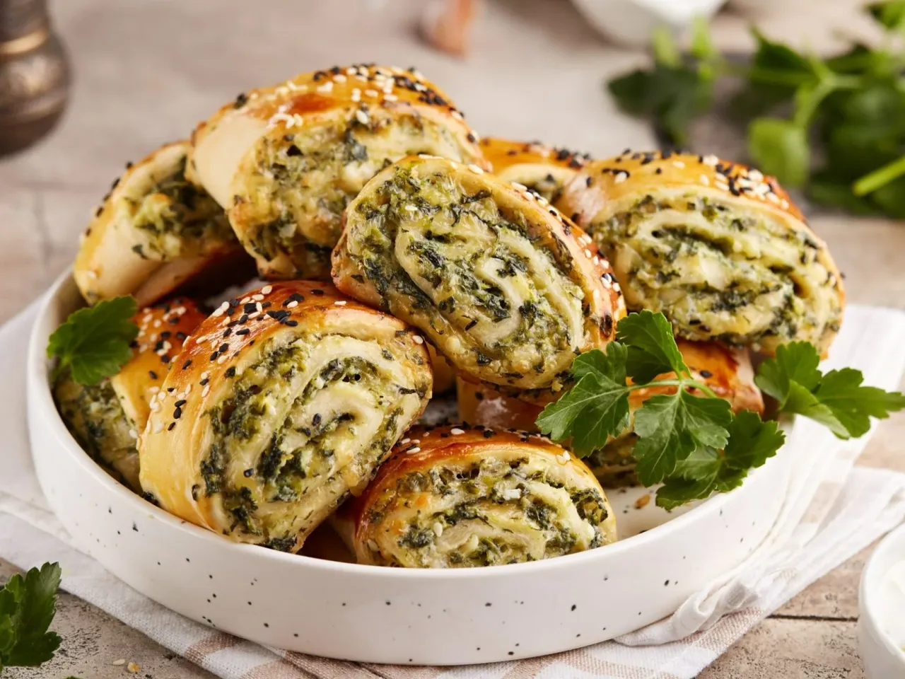 Roladki ze szpinakiem i serem, świetny pomysł, co można zrobić z ciasta na pierogi. Posypane sezamem i czarnuszką.