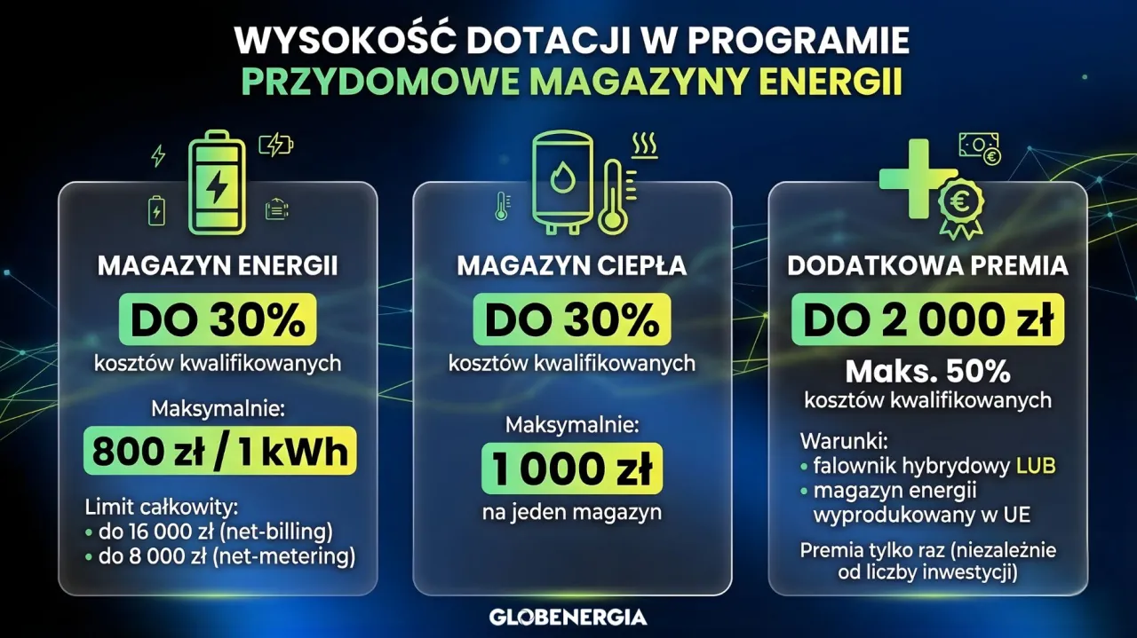 Dofinansowanie do fotowoltaiki: magazyn energii do 30% kosztów, magazyn ciepła do 30%, dodatkowa premia do 2000 zł.