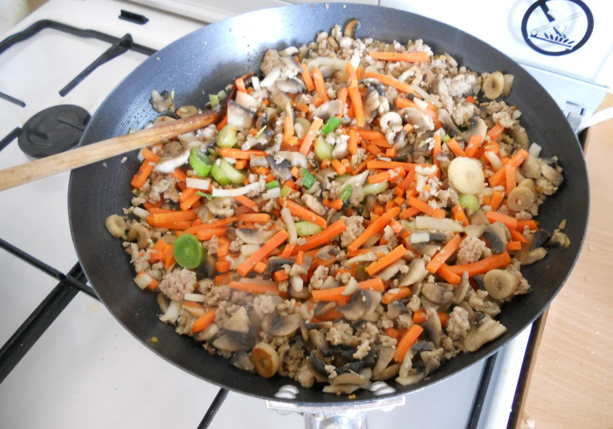 Mieszanka mielonego mięsa, marchewki, pieczarek i cebuli w woku. Pyszne dania z woka w przygotowaniu.