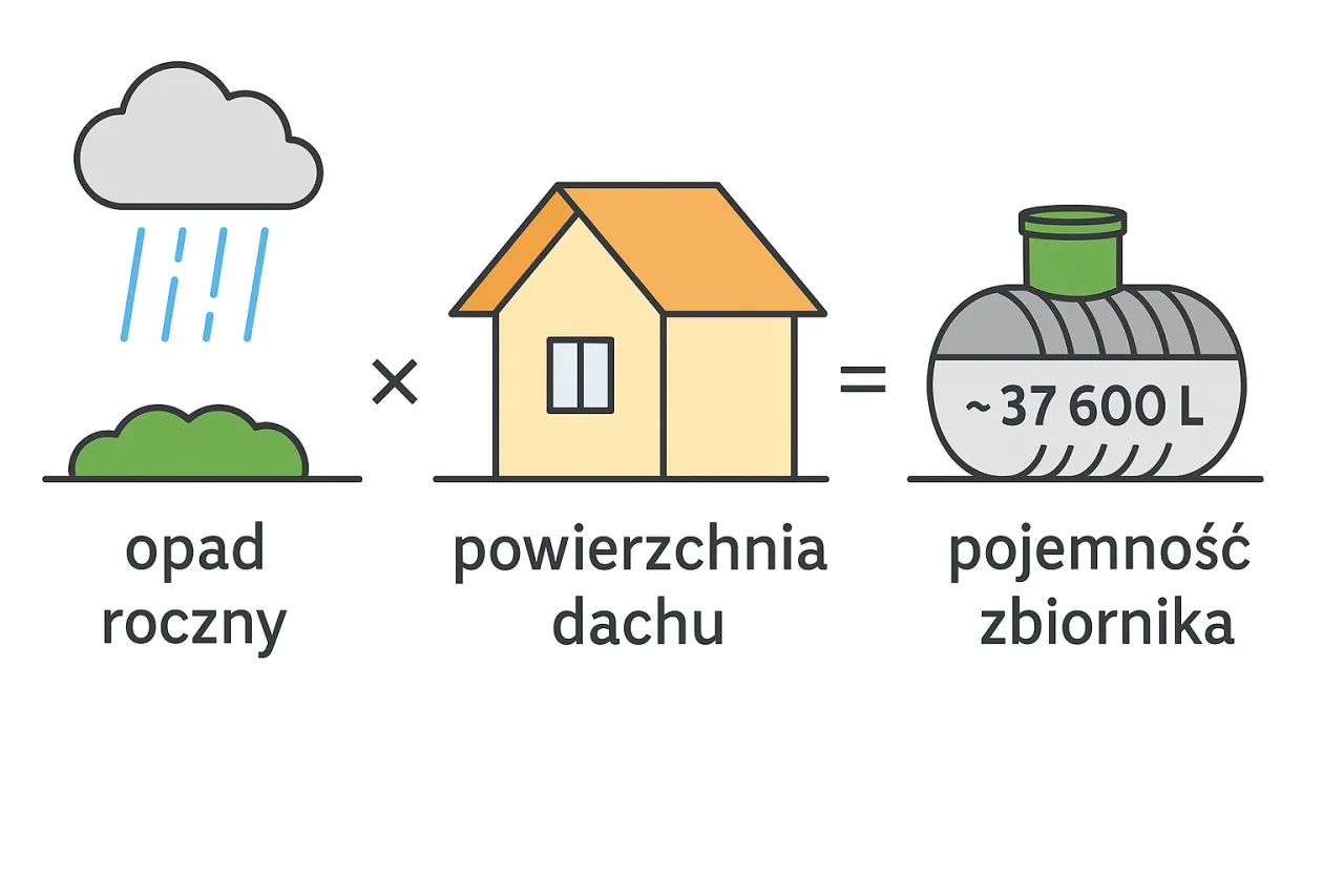 Obliczenie jaka pojemność przydomowej oczyszczalni ściek&oacute;w jest potrzebna: opad roczny x powierzchnia dachu = pojemność zbiornika (~37 600 L).