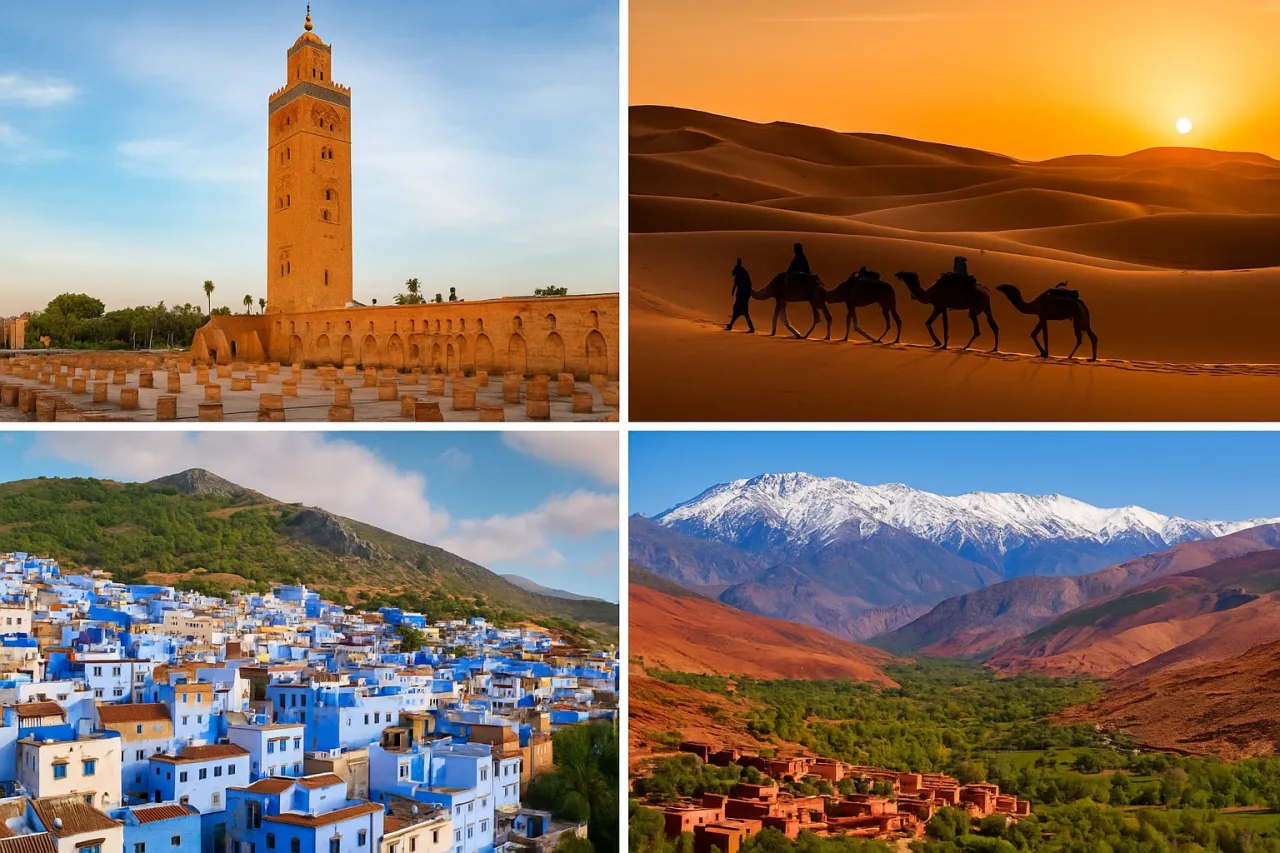 Kolaż zdjęć Maroka: Marrakesz, Fez, Agadir, Sahara