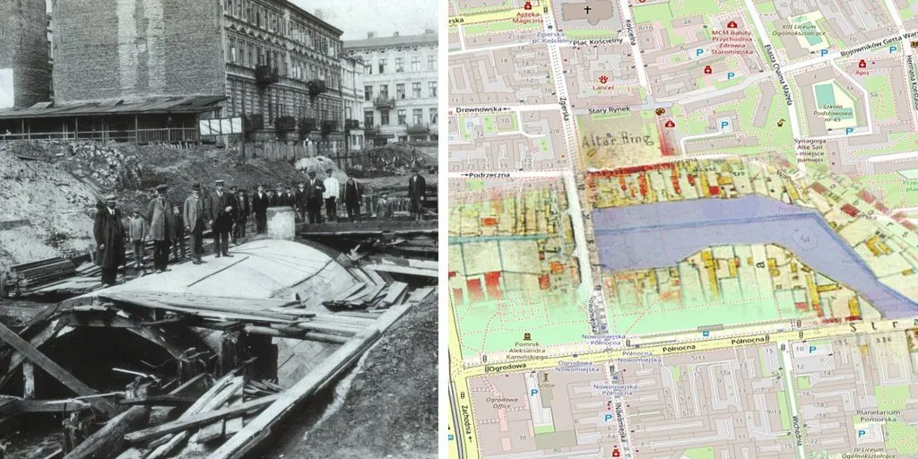 Stara mapa Łodzi z rzeką Łódką