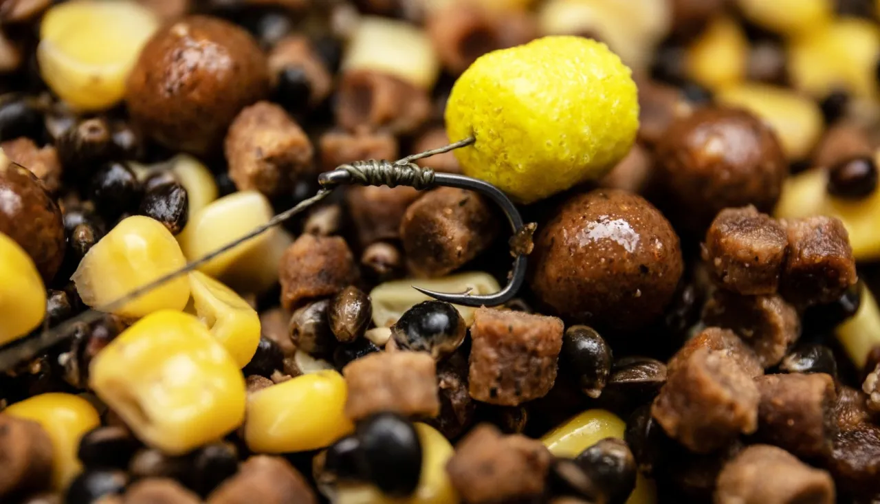 Zbliżenie na haczyk z żółtą kulką proteinową, otoczony ziarnami kukurydzy i innymi składnikami zanęt zawodniczych.