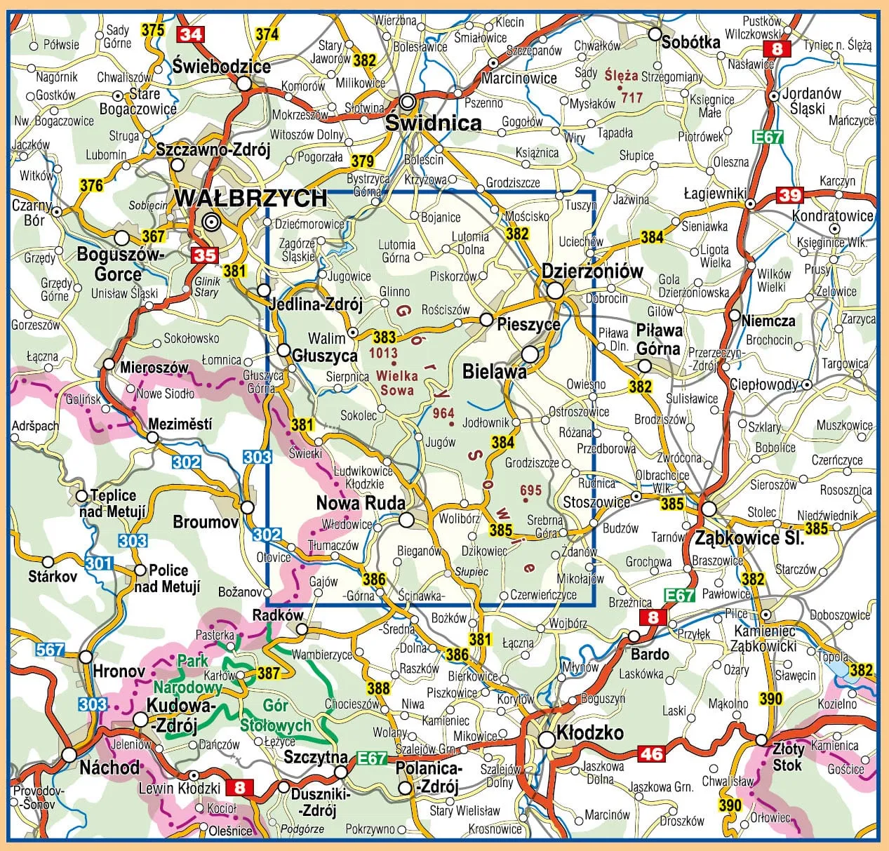 Mapa G&oacute;r Sowich w Polsce z zaznaczonymi szczytami i miejscowościami