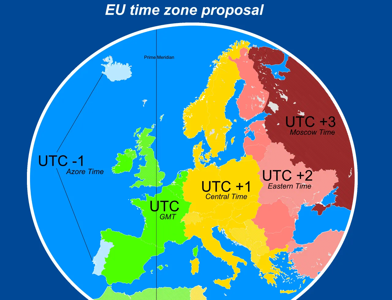 Mapa stref czasowych Europy. Polska jest w strefie UTC+1, a Francja w UTC+1. Czy we Francji jest ta sama godzina co w Polsce? Tak.