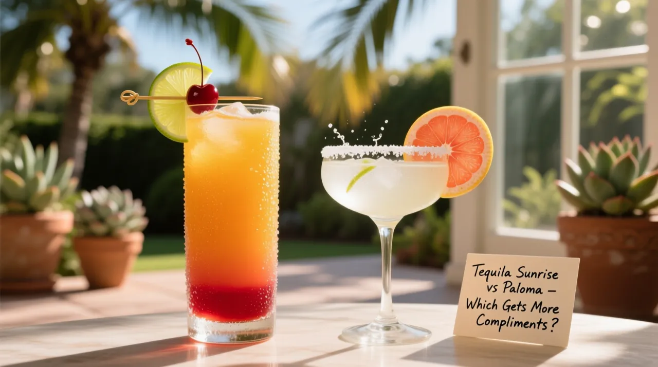 Dwa drinki: Tequila Sunrise i Paloma, na stole w ogrodzie. Słoneczny dzień, palmy w tle.