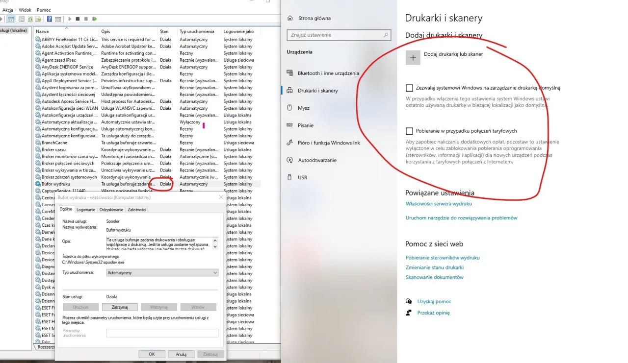 screen usługi bufor wydruku Windows, folder PRINTERS Windows