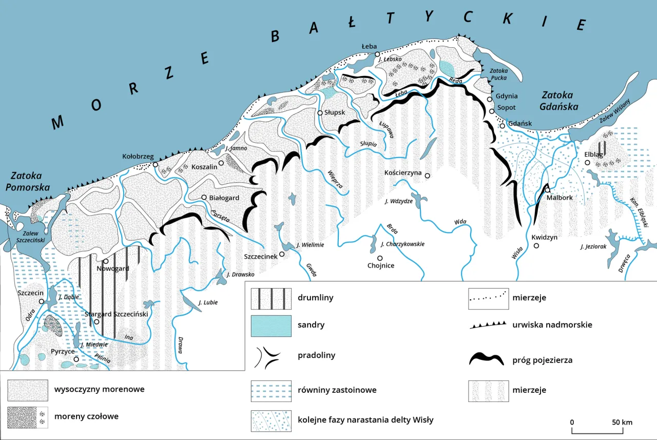 Mapa Polski z zaznaczonymi obszarami g&oacute;rskimi i wybrzeżem Bałtyku