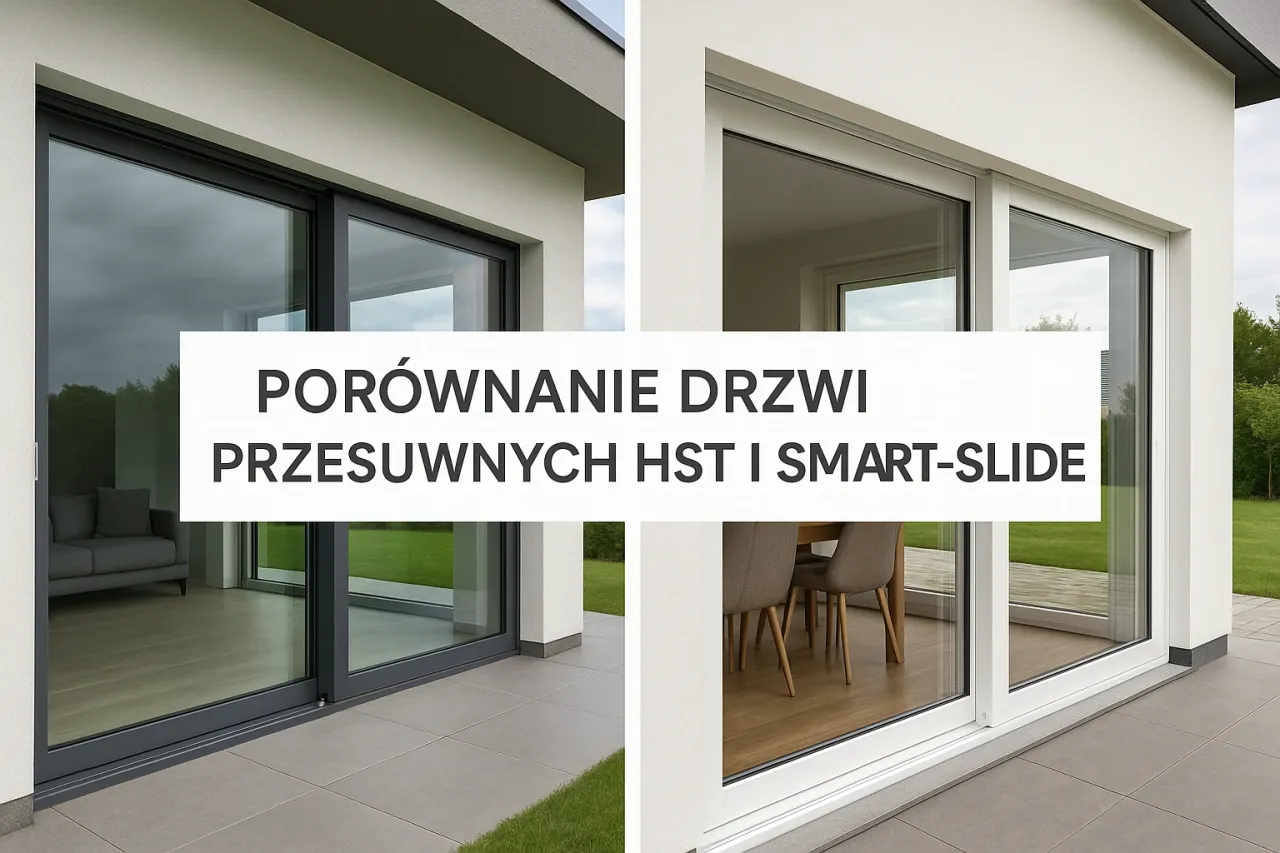 Porównanie drzwi balkonowych przesuwnych HST i Smart-Slide. Dwa ujęcia nowoczesnych domów z dużymi przeszkleniami.