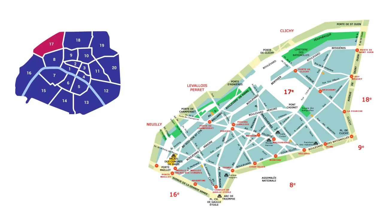 Mapa Paryża z zaznaczoną 17. dzielnicą. Czy 17 dzielnica Paryża jest bezpieczna? Mapa pokazuje jej położenie i główne ulice.