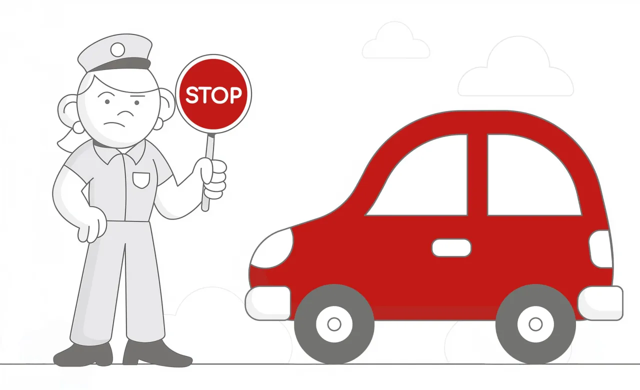 Policjantka z tabliczką STOP zatrzymuje czerwony samoch&oacute;d. Czy trzeba mieć przy sobie OC?