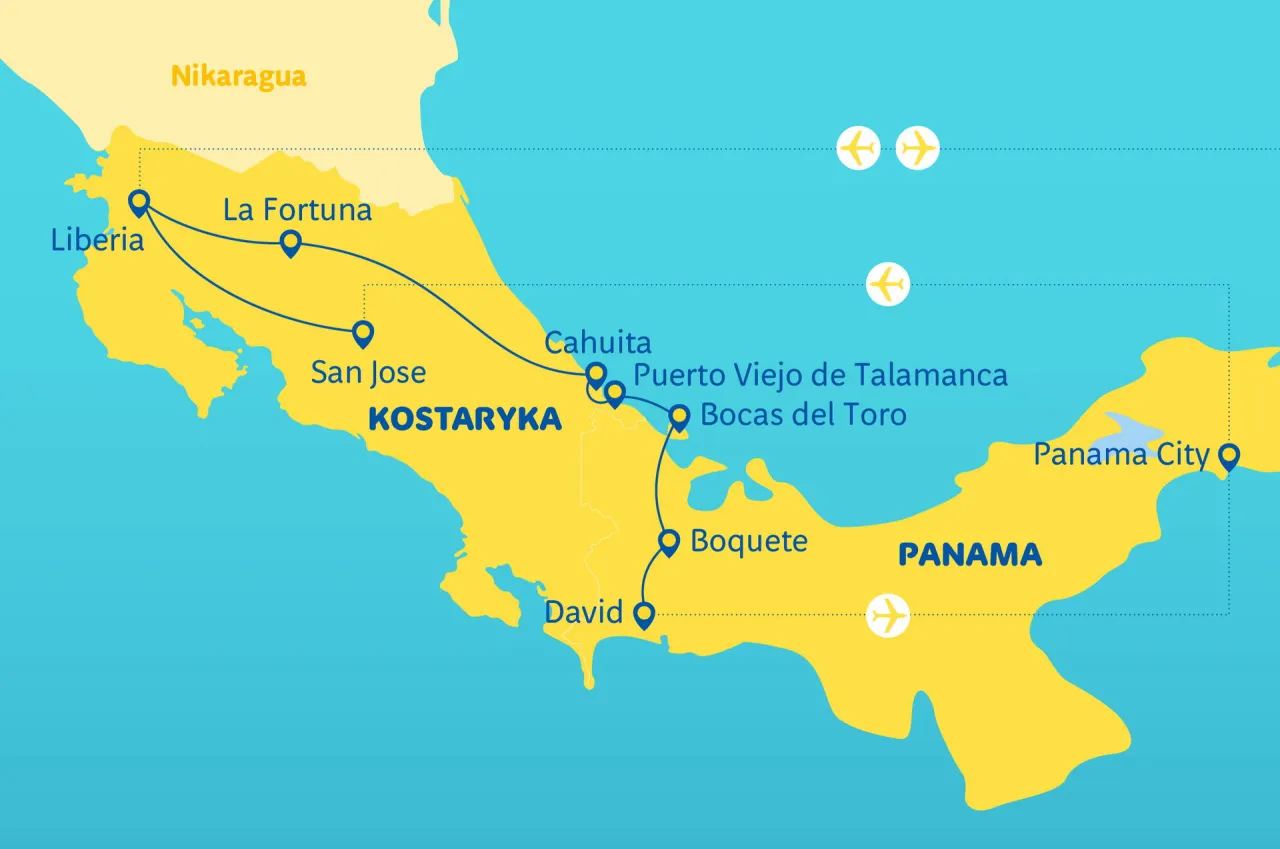 Mapa pokazuje, gdzie leży Kostaryka, między Nikaraguą a Panamą, z zaznaczonymi miastami jak Liberia, La Fortuna i San Jose.