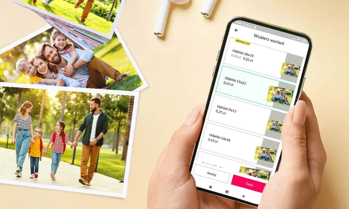 Interfejs aplikacji do zamawiania odbitek zdjęć z telefonu