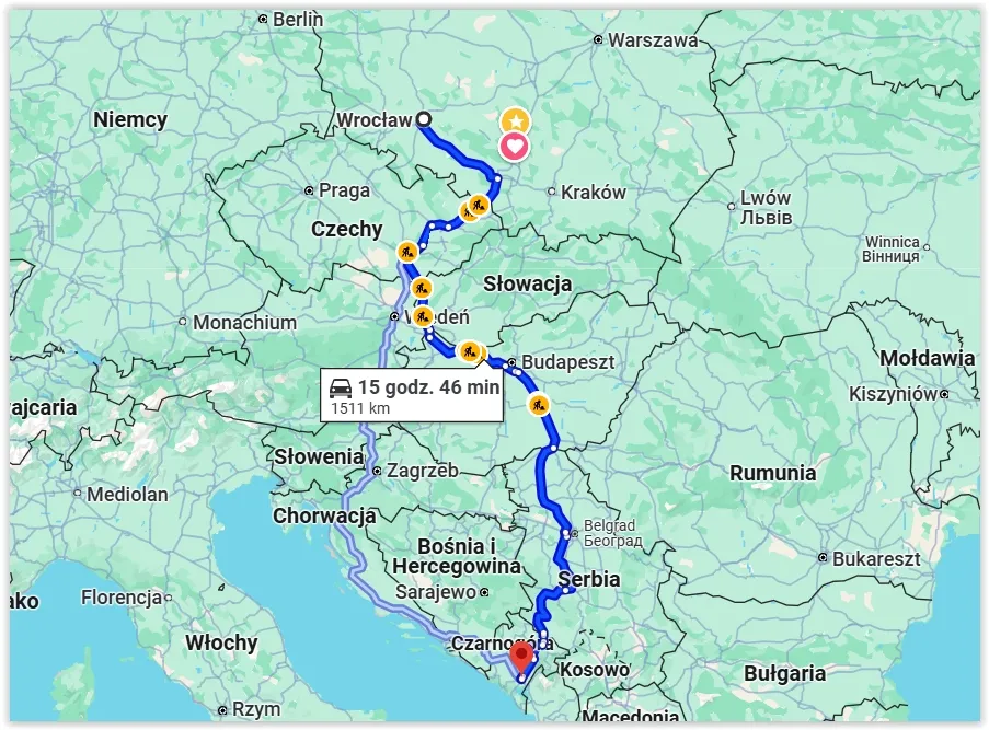 Mapa trasy Polska Czarnog&oacute;ra przez Austrię Chorwację