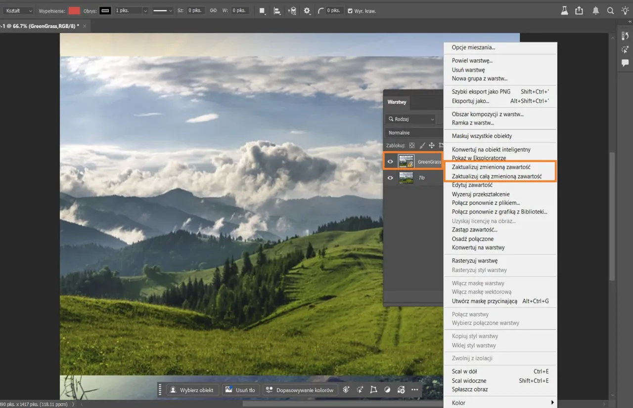 Zrzut ekranu Photoshopa z zaznaczonym obiektem i otwartym panelem Kanały