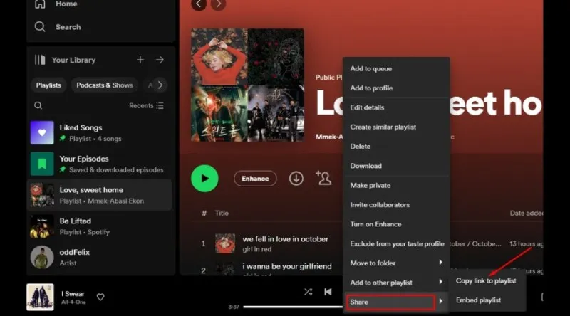 spotify share playlist menu desktop and mobile
