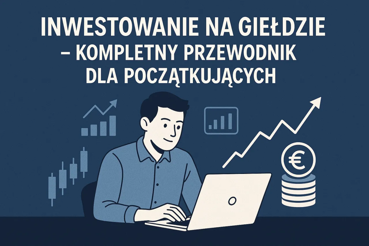Chcesz wiedzieć, jak zacząć grać na giełdzie? Ilustracja pokazuje mężczyznę przy laptopie, wykresy wzrostu i stos monet euro.