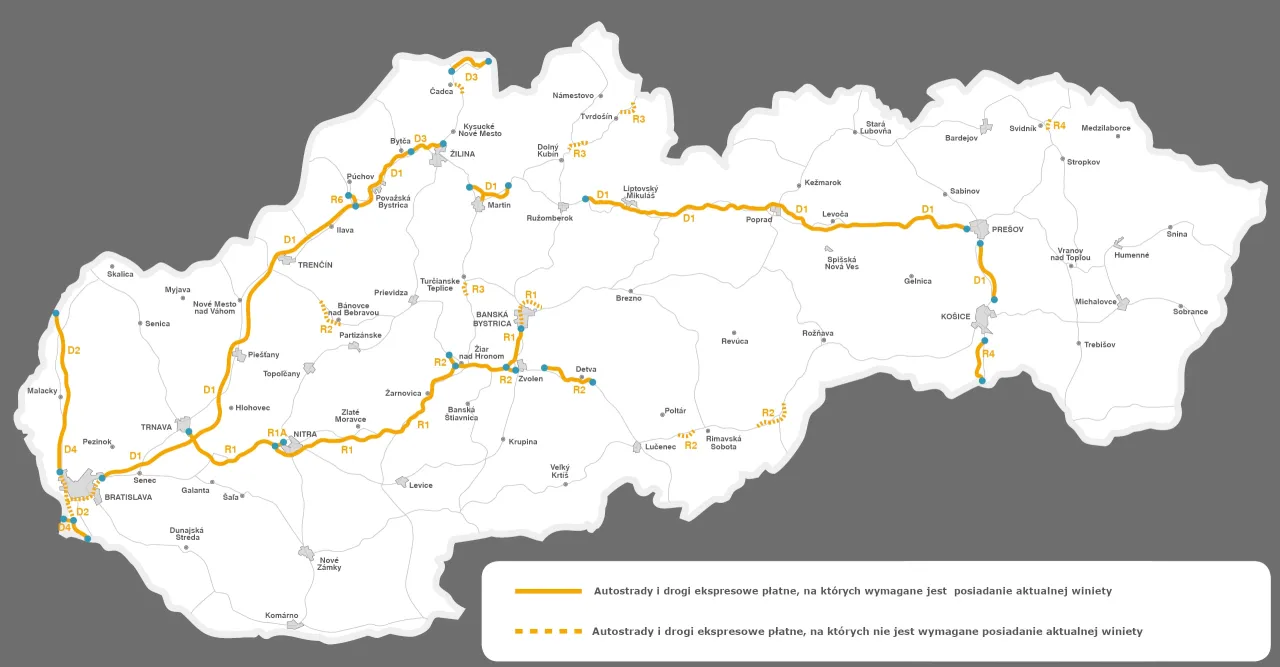 Mapa Słowacji z autostradami i drogami ekspresowymi. Ż&oacute;łte linie oznaczają drogi, na kt&oacute;rych co trzeba mieć w aucie na Słowacji, czyli winietę.