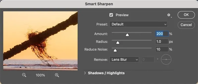 Photoshop Smart Sharpen dialog box