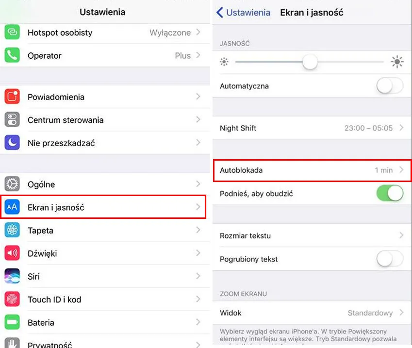 iphone ustawienia ekran i jasność autoblokada