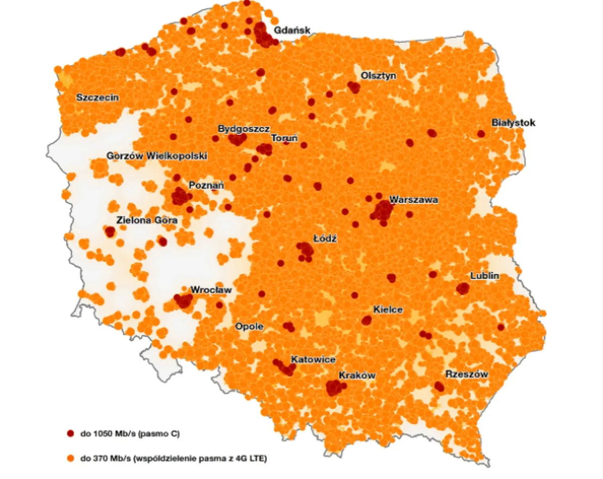 Mapa zasięgu 5G Orange Polska pasmo C