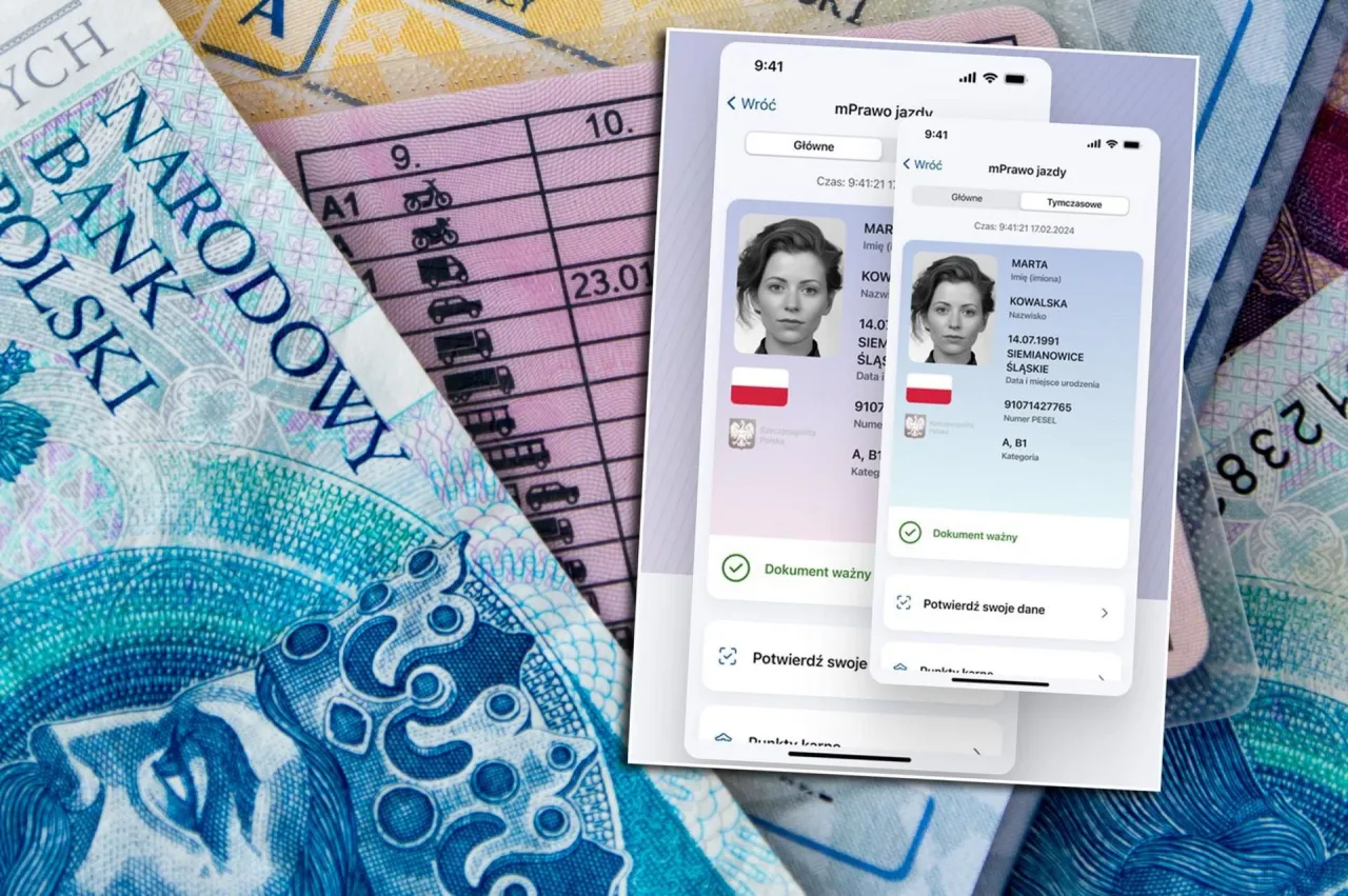 Zastanawiasz się, ile się czeka na wydanie prawo jazdy? Na ekranie telefonu widzisz aplikację mPrawo Jazdy, obok starego dokumentu i banknot&oacute;w.