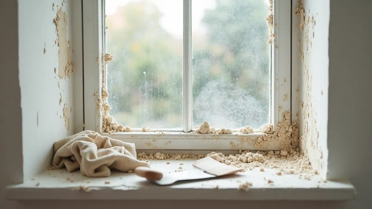 okna brudne po remoncie z bliska, resztki farby i tynku