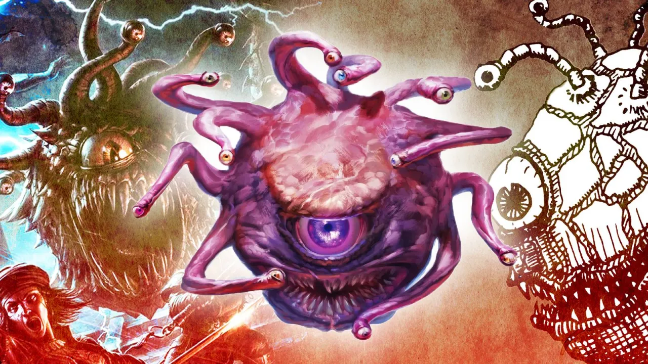 Trzy potwory beholder po polsku, z wieloma oczami i mackami, grożą w mroku.