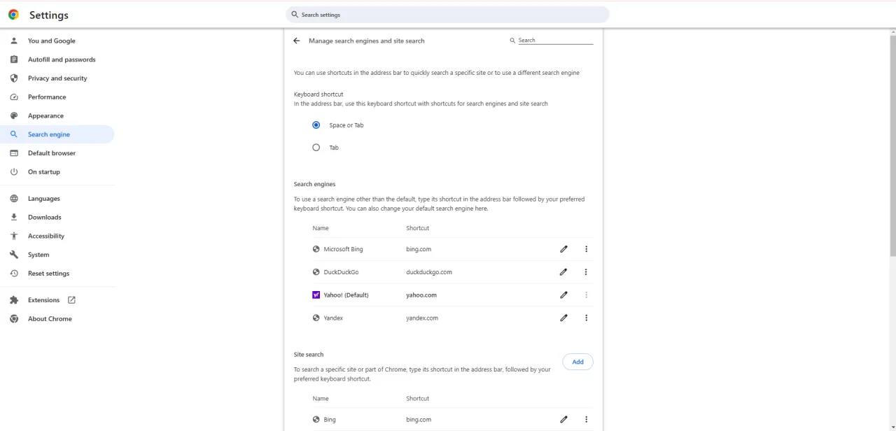 Ustawienia wyszukiwania: jak zmienić przeglądarkę na Google. Widok panelu bocznego z opcją 