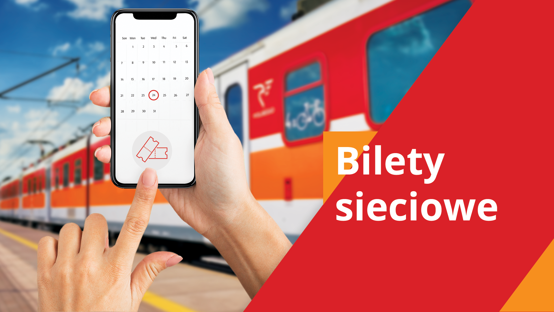Sprawdź w aplikacji, czy można jechać wcześniejszym pociągiem regio. Na ekranie telefonu widoczny jest kalendarz i ikona bilet&oacute;w.