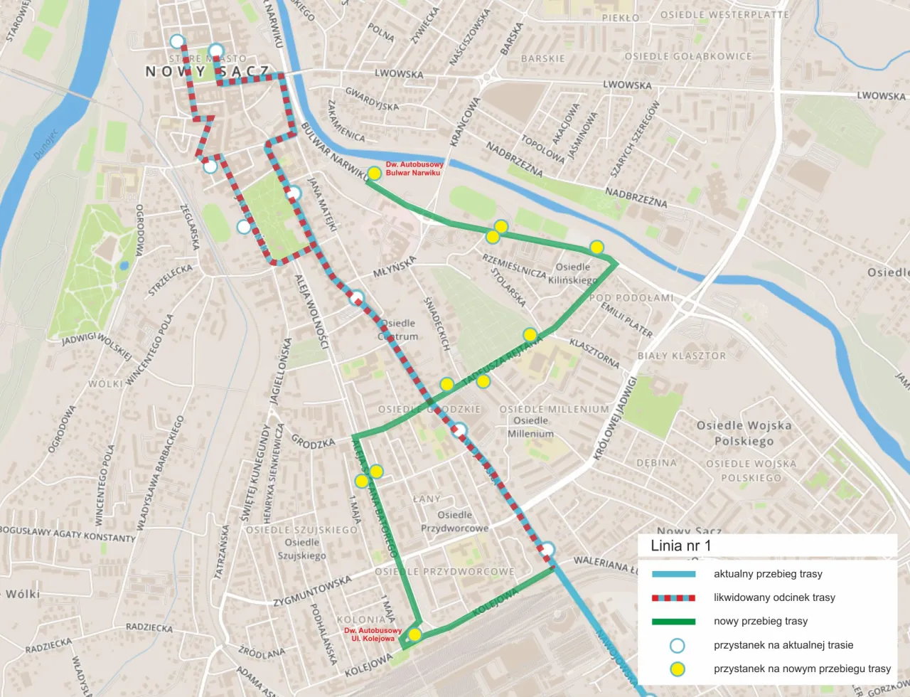 Mapa Nowego Sącza z zaznaczonymi trasami autobusów MPK. Linia nr 1 ma aktualny i nowy przebieg.