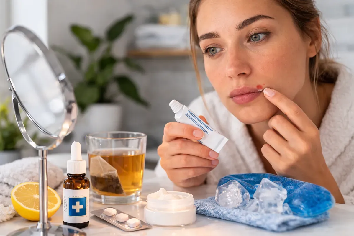 Kobieta aplikuje krem na pryszcza. Na stole kosmetyki, cytryna, herbata i lód. Dowiedz się, jak zagoić pryszcza.