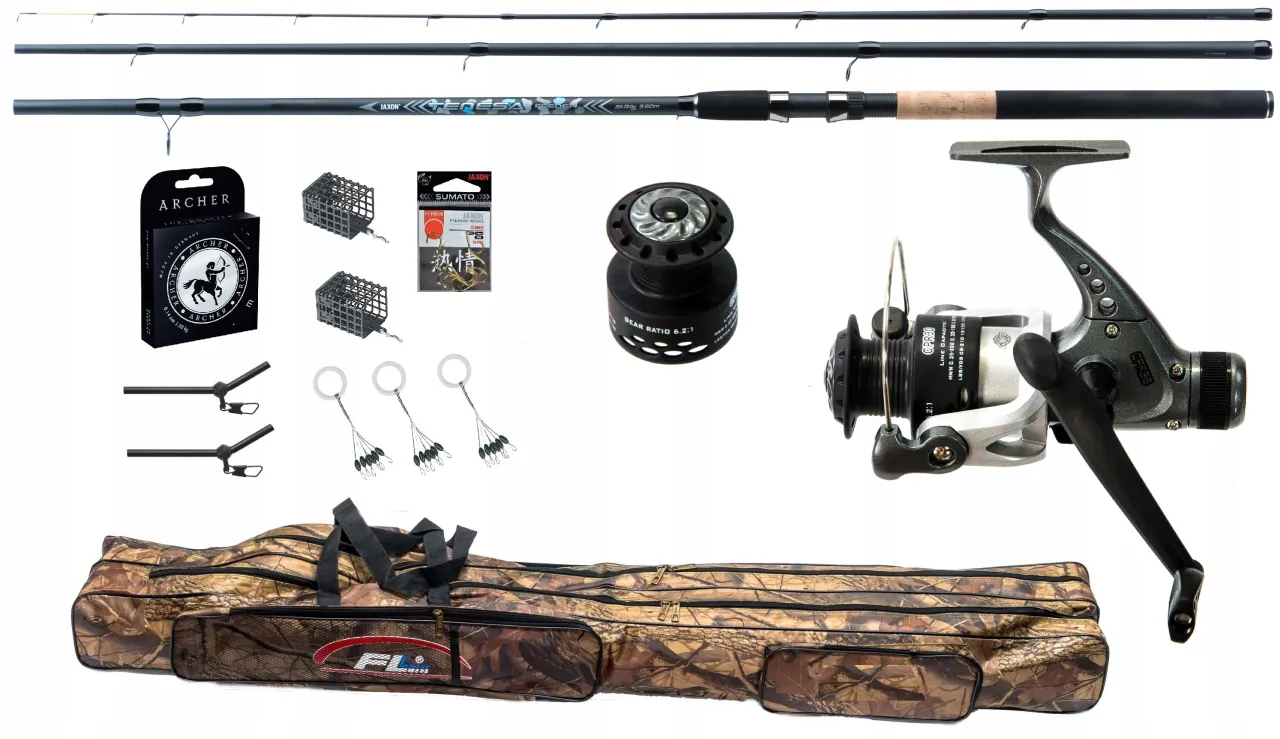 Zestaw do łowienia na grunt: wędka, kołowrotek, żyłka, haczyki, ciężarki i pokrowiec. Idealny, by zacząć przygodę, jak zrobić wędkę na grunt.