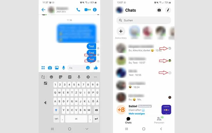 Facebook Messenger Symbole Nachrichtenzustellung Uhr Haken Profilbild