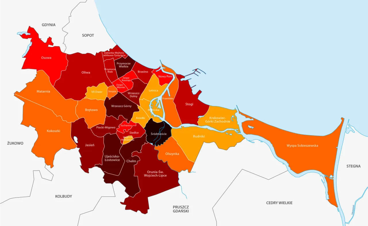 Mapa Gdańska z podziałem na dzielnice, kolorami zaznaczono poziom bezpieczeństwa. Czy w Gdańsku jest bezpiecznie? Sprawdź na mapie!